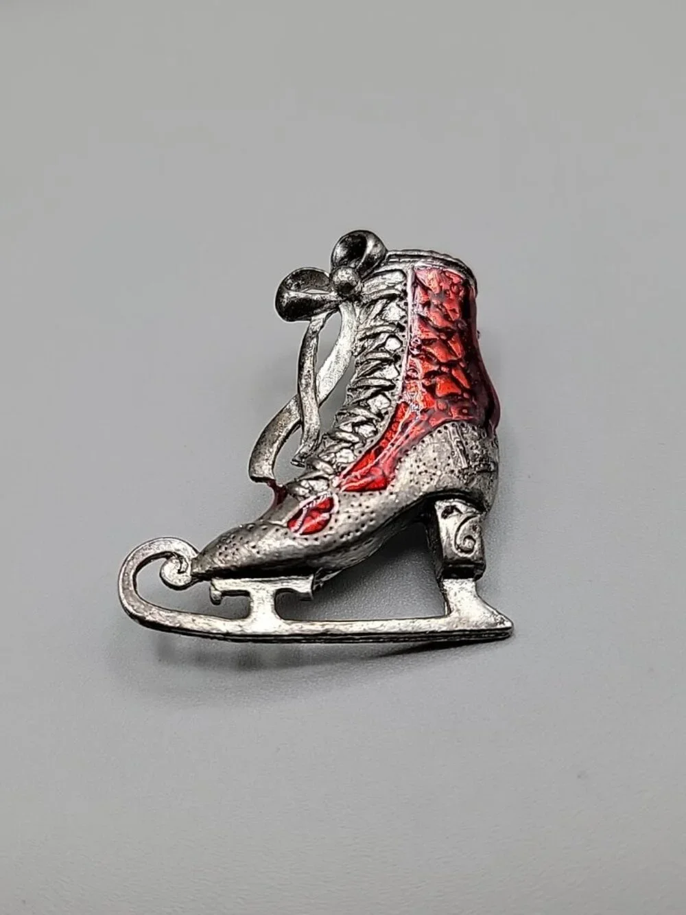 Vintage Red & Silver Tone Ice Skate Brooch Laced Up With Bow